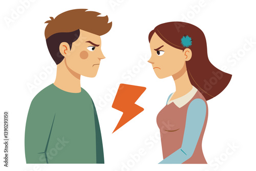 Illustration of a man and a woman angrily facing each other with a lightning bolt between them, symbolizing their argument.