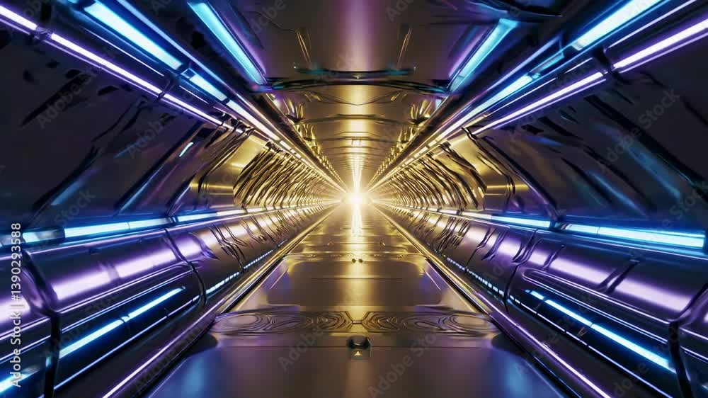 Futuristic metallic corridor with glowing neon lights illuminating the path towards a bright light at the end, creating a sense of mystery and wonder