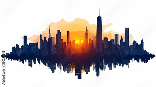 City Skyline at Sunset: Vibrant Urban Landscape with Silhouette Reflections and Skyscrapers in Evening Light