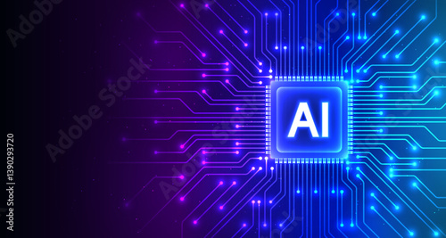 Vector illustration of AI processor chip related to artificial intelligence, machine learning, data science and analytics, cloud computing technology
