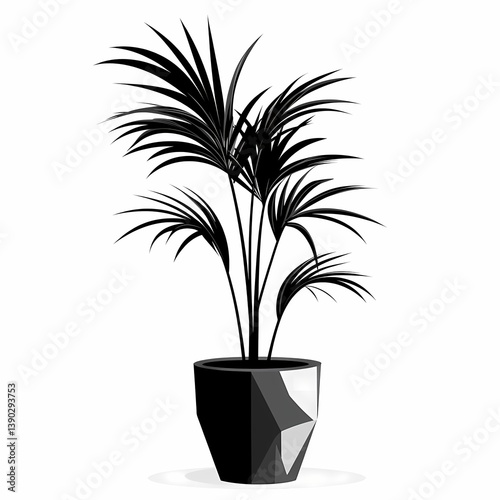 Modern Indoor Black Plant Illustration: Stylish Minimalist Home Decor with Lush Greenery and Potted Botanical Art