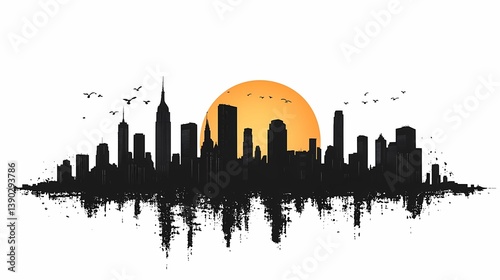 Minimalist Urban Landscape at Dusk: Silhouetted Cityscape with Vibrant Colors and Elegant Architecture