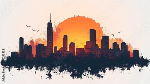Vibrant Urban Cityscape Silhouette at Sunset: Captivating Skyline and Colorful Architecture