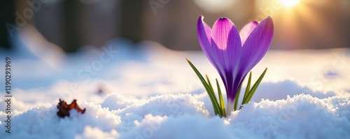 Purple Crocus flower blooming in melting snow under early spring sunlight,  sunny day, spring