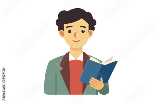 A cartoon image of a man with black hair, wearing a green jacket and a red shirt, holding a blue book and smiling.