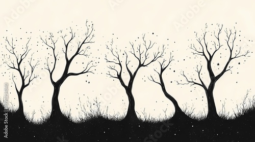 Minimalist Black and White Tree Silhouette Illustration: Elegant Forest Art Design