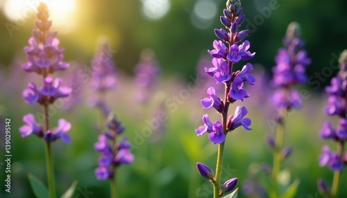 Purple flowers in full bloom on a herbaceous plant stem, showcasing the vibrant colors of European flora,  herbaceous,  nature