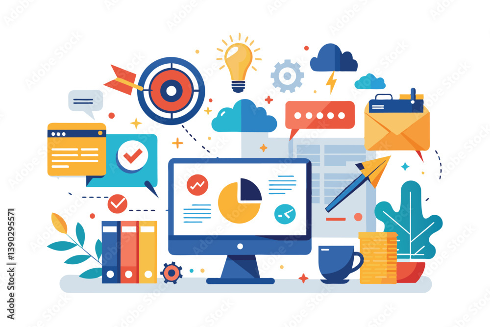 A digital illustration of a modern desktop with various icons related to data analysis, marketing, and communication. A digital illustration of a modern desktop with various icons related to data analysis, marketing, and communication.