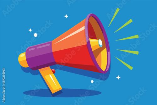 A cartoon illustration of a colorful megaphone against a bright blue background.