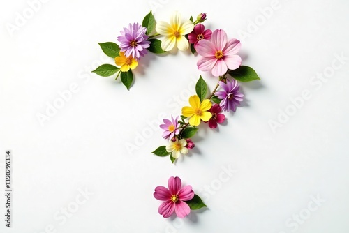 Question mark made of various natural meadow flowers and lilacs on a plain white background,  spring,  concept