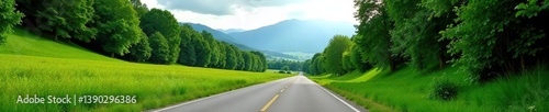 Quiet rural road surrounded by lush green trees and majestic mountains in the distance,  calm,  outdoor
