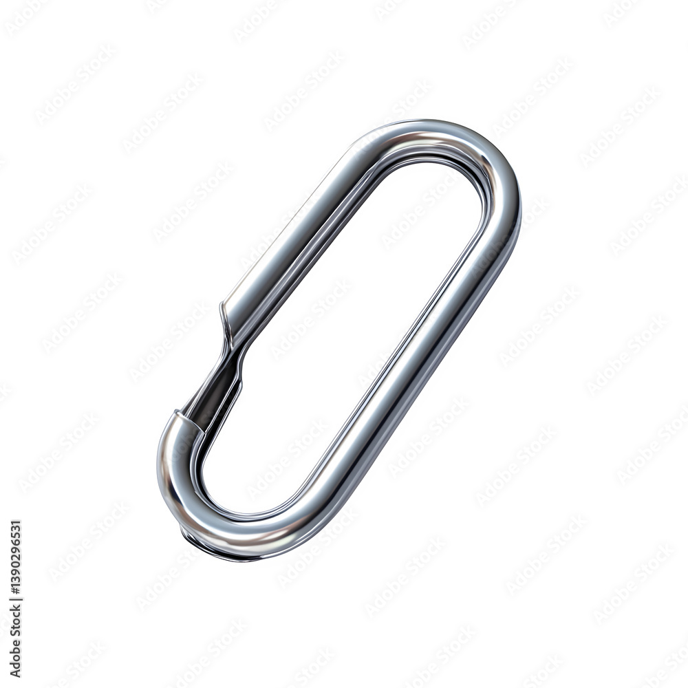 A 2D front view of a metal paperclip, slightly bent shape, silver reflective surface, soft lighting shadows A 2D front view of a metal paperclip, slightly bent shape, silver reflective surface, soft lighting shadows