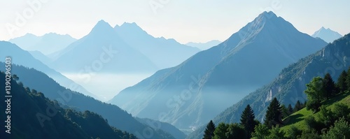 Majestic misty mountains towering over a serene landscape,  outdoors,  hazy