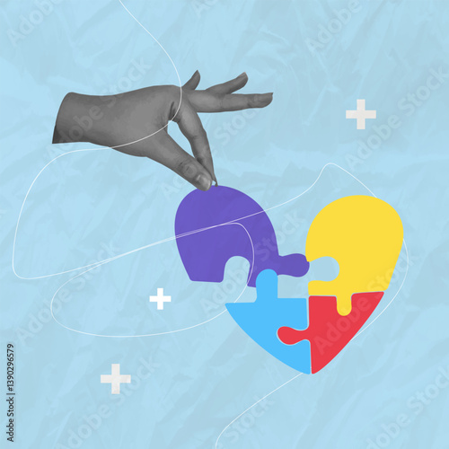 World Autism Awareness Day Concept Illustration.  hand holding colorful jigsaw puzzle pieces, Trendy retro 60s 70s cartoon style. 