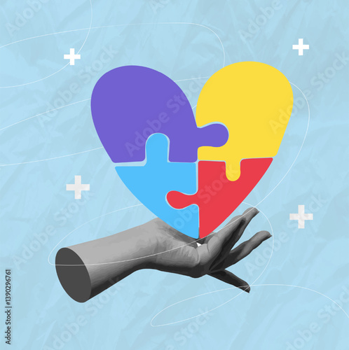 World Autism Awareness Day Concept Illustration.  hand holding colorful jigsaw puzzle pieces, Trendy retro 60s 70s cartoon style. 