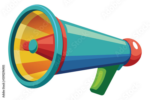 A cartoon illustration of a colorful megaphone with a bright yellow, red, and orange interior and a teal blue, blue, and green exterior.