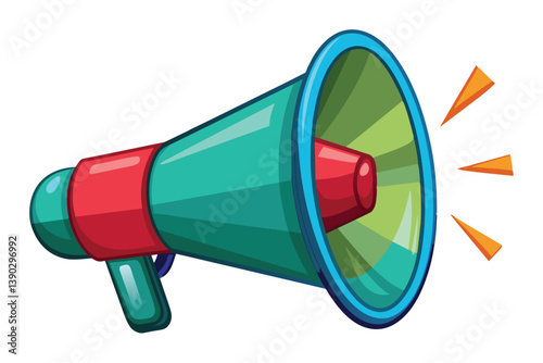 A cartoon illustration of a green and red megaphone with orange sound waves.