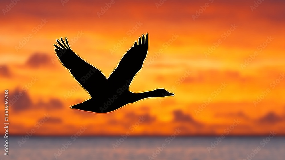Naklejka premium Bird Silhouette in Fiery Sunset Over Water