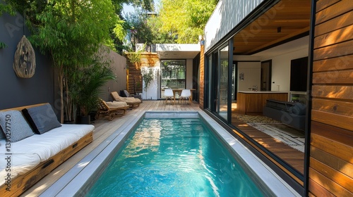 Wallpaper Mural Modern Backyard Oasis with Swimming Pool Surrounded by Lush Greenery and Bright Natural Light Torontodigital.ca