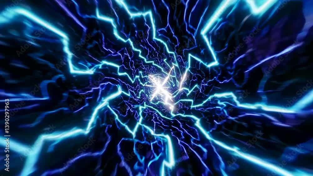 Bright, swirling, blue and white wormhole vortex is covered with lightning and is leading to another dimension, time travel and hyperspace jump concept