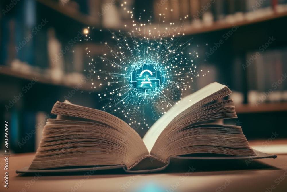 Fototapeta premium a open faced book, lying on it's back with AI symbol