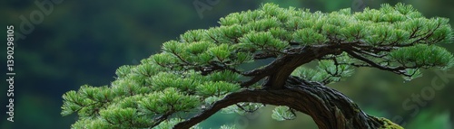 A beautifully shaped bonsai tree with lush green foliage and intricate branching, set against a soft-focus background.