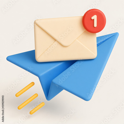 3D model rendering of a blue paper plane speeding with a beige envelope on top. There is a red circle with the number 