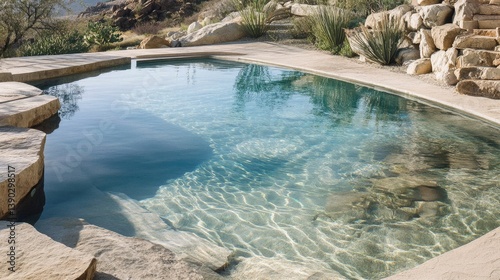 Serene Outdoor Swimming Pool with Clear Water Surrounded by Natural Stone and Lush Green Landscape