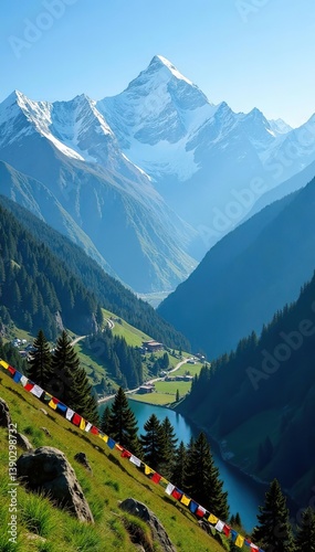Majestic snow-capped peaks of the Himalayas casting stunning shadows over lush green valleys and vibrant prayer flags in Bhutan,  valleys, Bhutan
