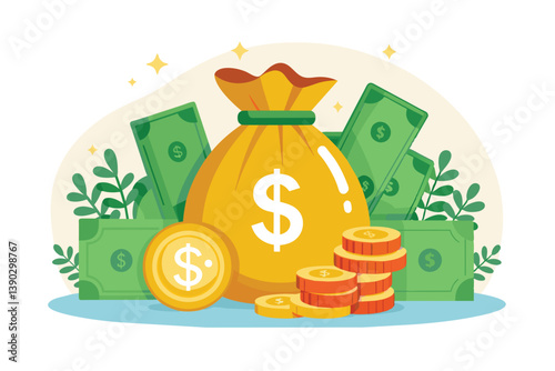 An illustration featuring a large yellow money bag filled with dollar signs surrounded by green dollar bills and stacks of gold coins.
