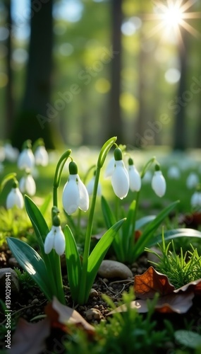 Majestic snowdrops blooming under the forest canopy in early spring,  gentle,  seasonal