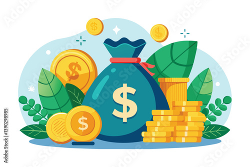 An illustration of a blue money bag with a dollar sign on it. The bag is surrounded by golden coins, and green leaves.
