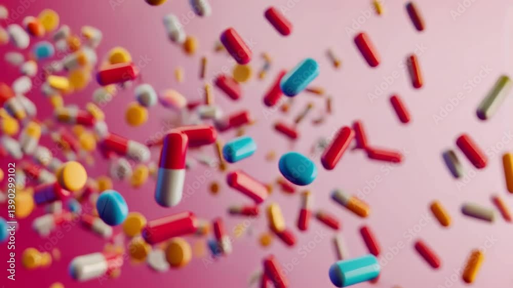 Medicines in Motion: A dynamic visual of various pills and capsules in mid-air, symbolizing medicine and health. The dynamic capture represents health treatment, and medical solutions. Medicines in Motion: A dynamic visual of various pills and capsules in mid-air, symbolizing medicine and health. The dynamic capture represents health treatment, and medical solutions.