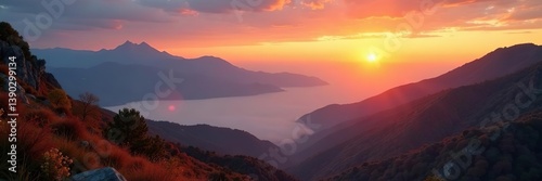 Majestic sunrise over the misty Taurus mountains in autumn,  nature,  misty