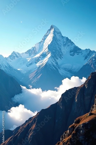 Majestic view of Annapurna South peak above clouds in Nepal,  horizon,  clouds