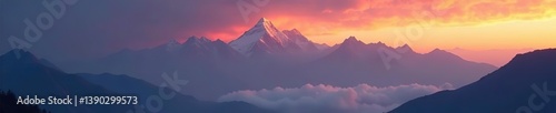 Majestic view of foggy Himalayan sunset with Mt Everest peeking through dramatic lighting,  Mt Everest,  sunset