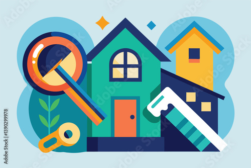 Colorful illustration showing a green house with a magnifying glass, key, and ruler. Ideal for real estate, home ownership, and property inspection themes.