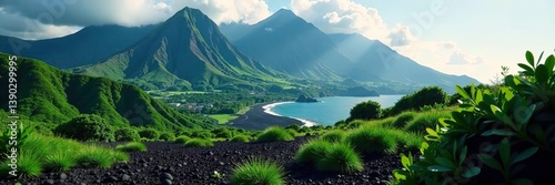 Majestic volcanic landscape of Hawaii with towering mountains, lush green forests, and flowing lava,  geology,  volcanic