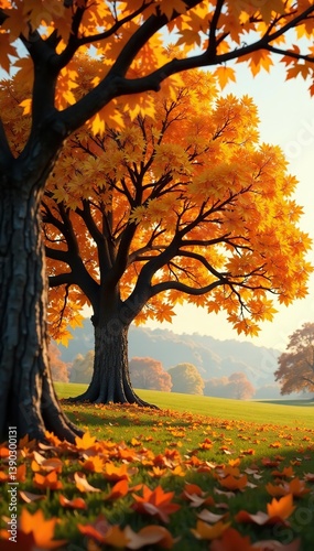 Majestic walnut tree in golden autumn landscape with vibrant yellow and orange leaves,  tree,  golden