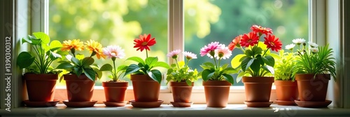 Many colorful flowering potted plants on a bright windowsill,  colorful,  windowsill