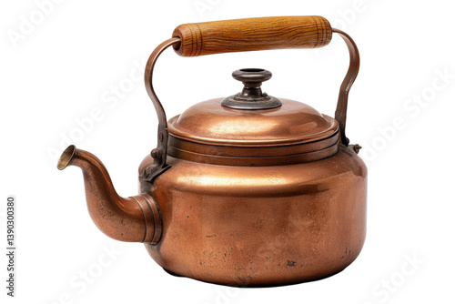 Antique copper tea kettle with wooden handle on transparent background