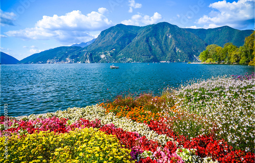 Obraz na płótnie mountain lake flowers w salonie