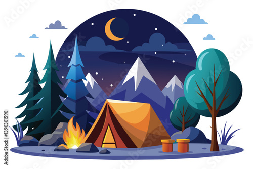 An illustrated scene of a peaceful campsite at night, featuring a tent, a crackling fire, and a crescent moon shining brightly above the mountains.