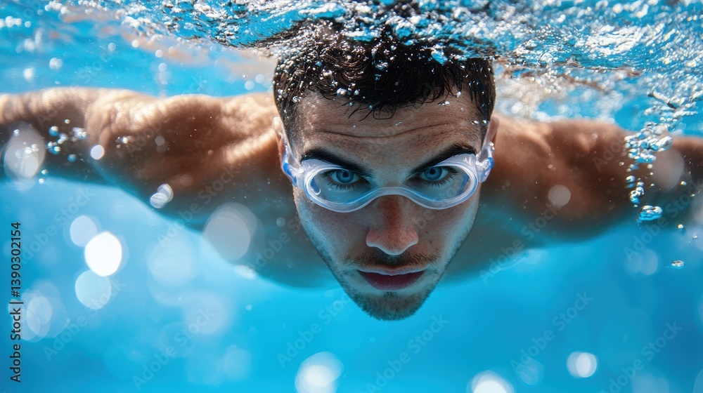 Fototapeta premium Athlete Swimmer diving into the pool for a morning practice session, striving for excellence.