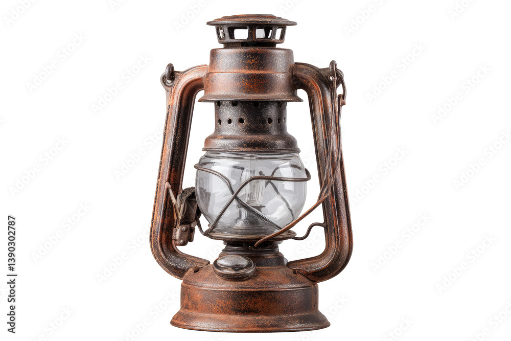 Rusty oil lamp isolated on transparent background, potential light source Rusty oil lamp isolated on transparent background, potential light source