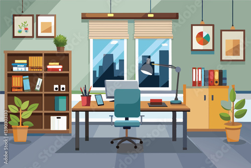 A modern office workspace with a desk, chair, computer, lamp, and a window overlooking a cityscape. The room has a bookshelf, plants, and framed artwork.