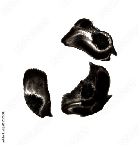 Three black ink fragments with cloudy texture on transparent background. Abstract floating forms for graphic overlays or design elements