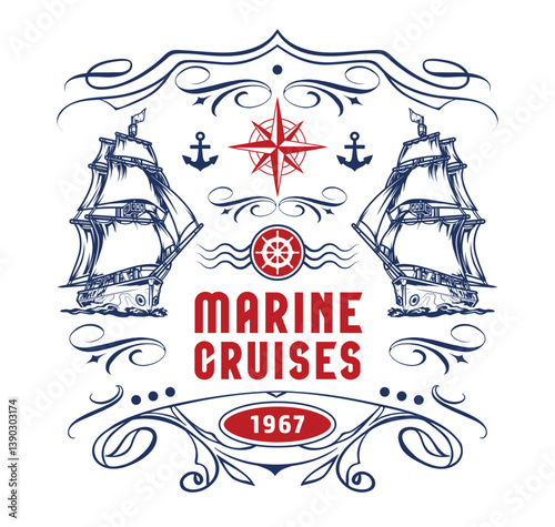 Vintage marine cruises logo with nautical elements