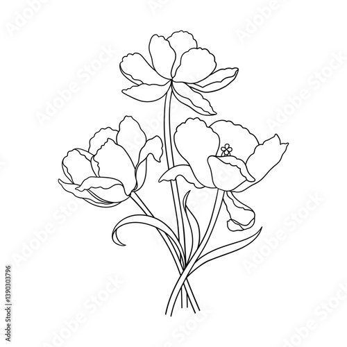 Blooming tulips bouquet, thin line art style. Beautiful black flowers, graceful contour. Drawing outline element for Easter, Mother Day, Canadian Tulip Festival. Vector illustration