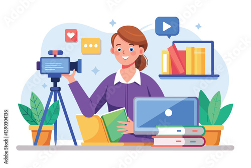 A woman happily records a book review video at her desk with a book in one hand and a camera in the other. The colorful image exudes the joy of reading.